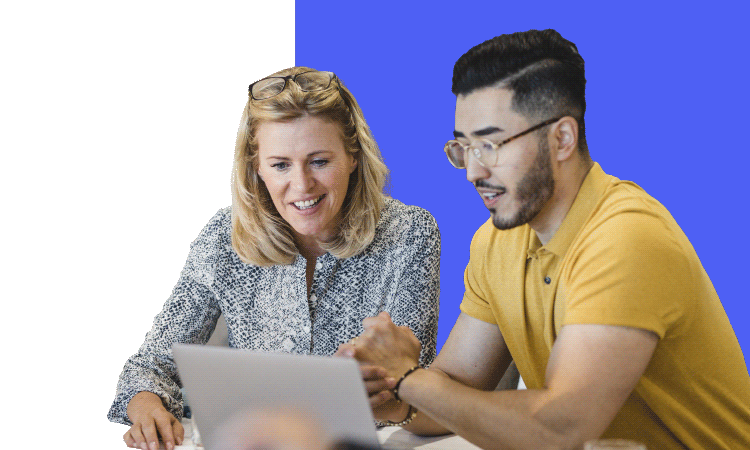 Man and woman at a laptop.
