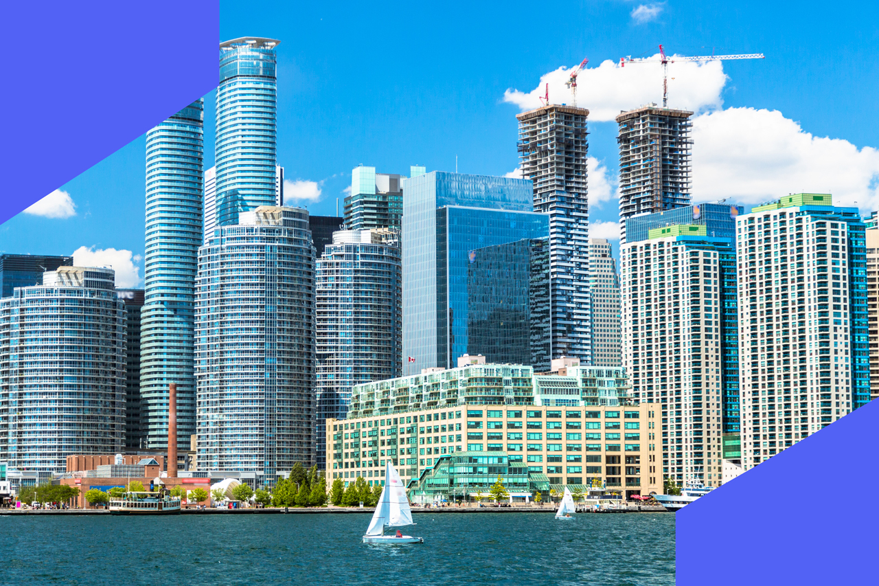 An image of Toronto's waterfront, with a blue creative treatment overlaid.