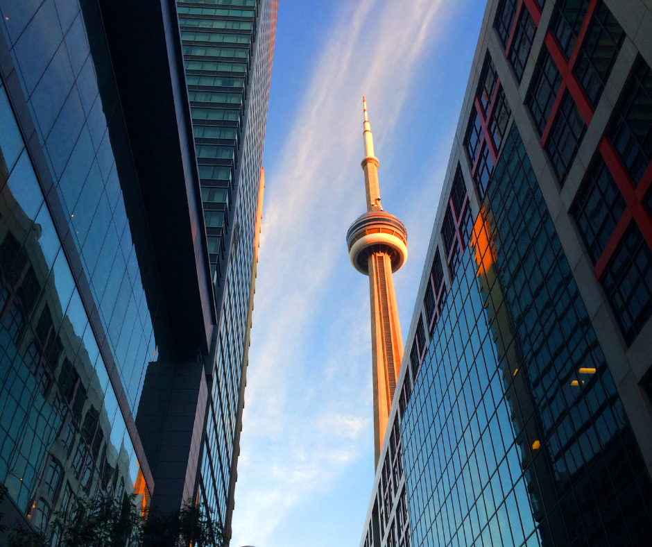 The CN tower visible amongst office buildings
