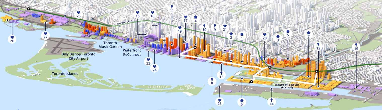 A map highlighting the many features of the Waterfront region.