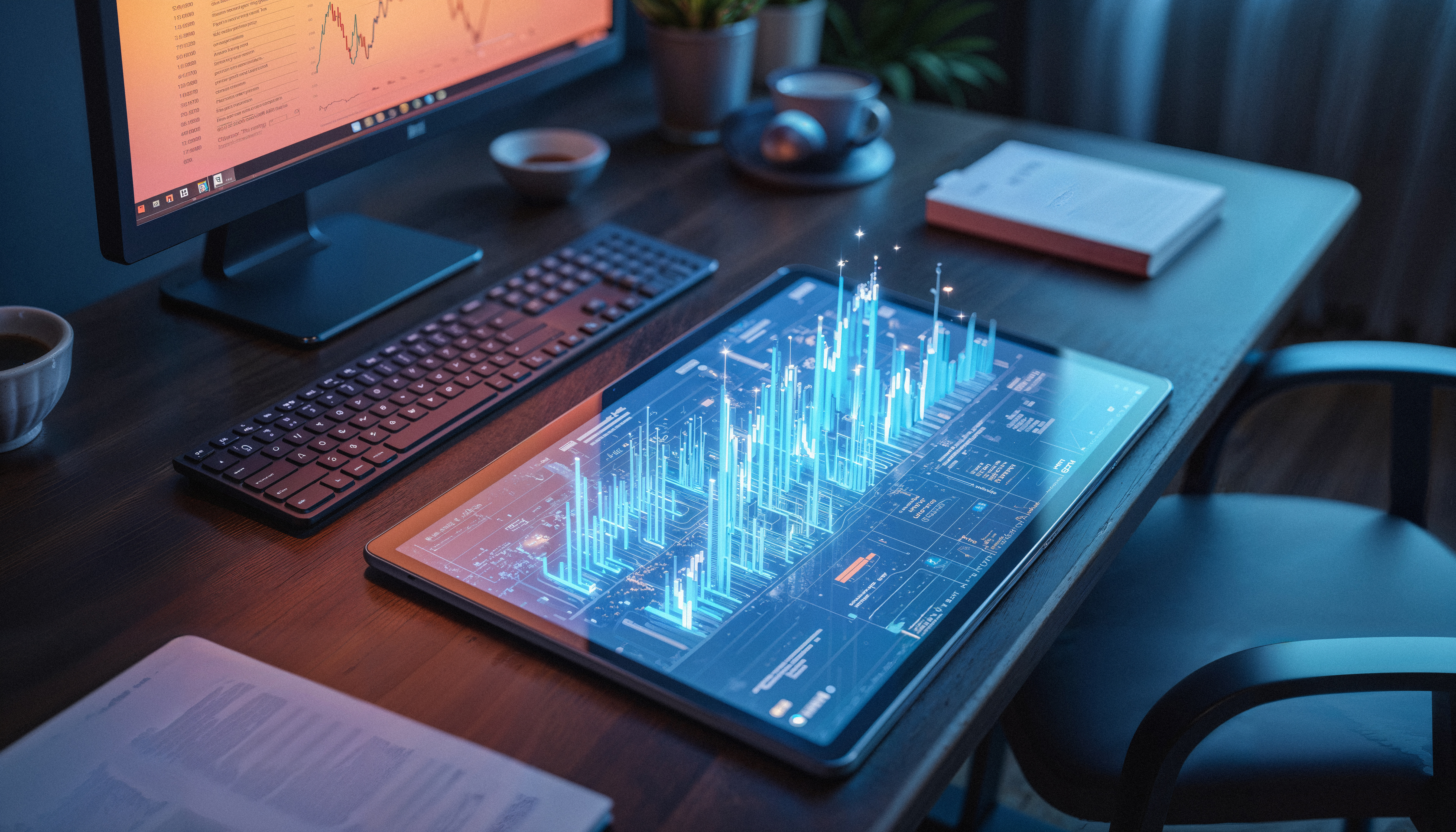 A keyboard is lit by a chart showing on screen