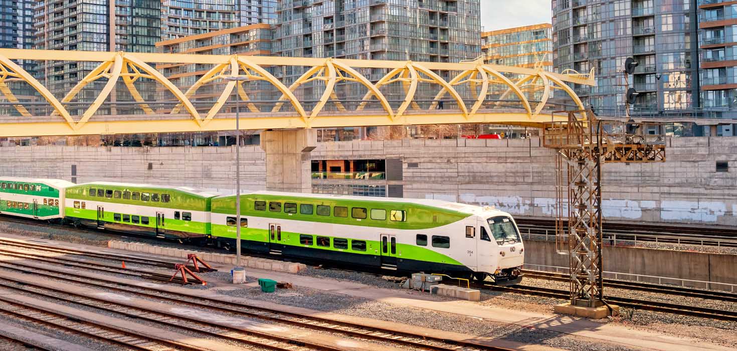 A GO Train heading into Toronto's Union Station.