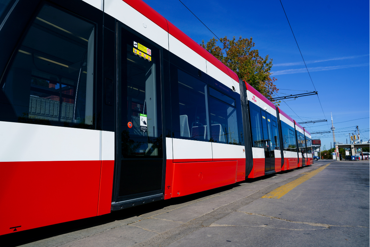 A TTC streetcar moving around Toronto.