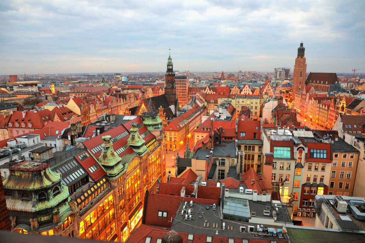 An aerial view of a city in Poland