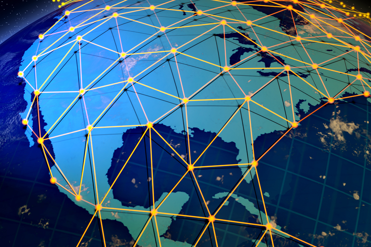 A graphic rendition of North America with many vertex points dotted in an overlay.