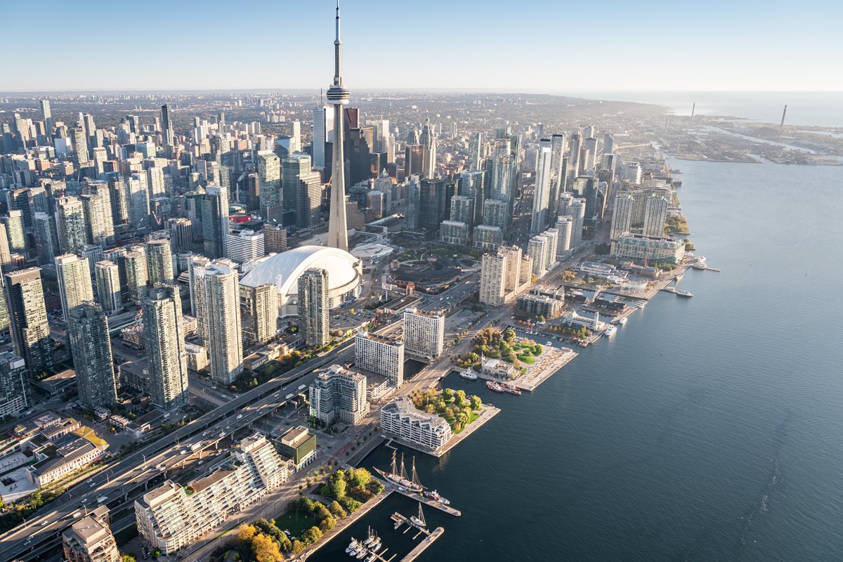 A photo of Toronto's waterfront, with a blue creative overlay.