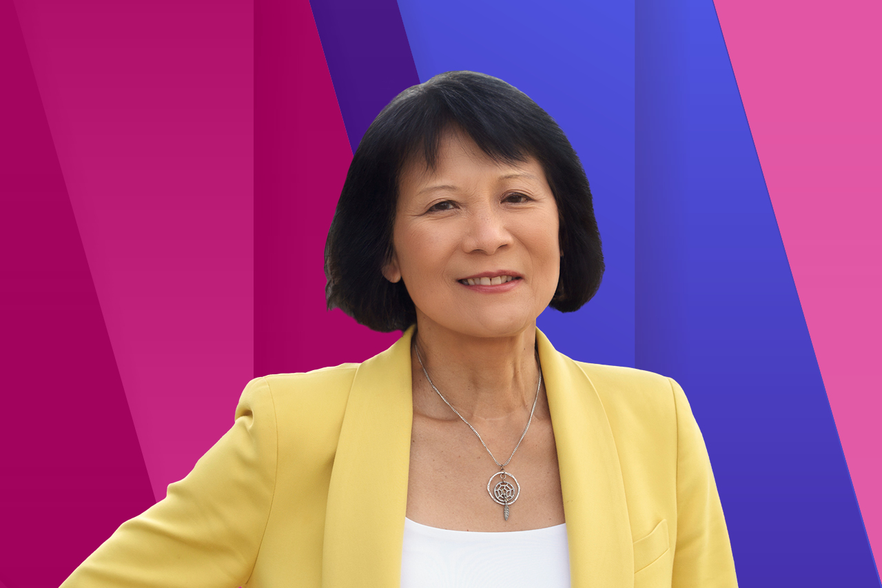 Toronto Mayor Olivia Chow on a pink, blue and purple background.
